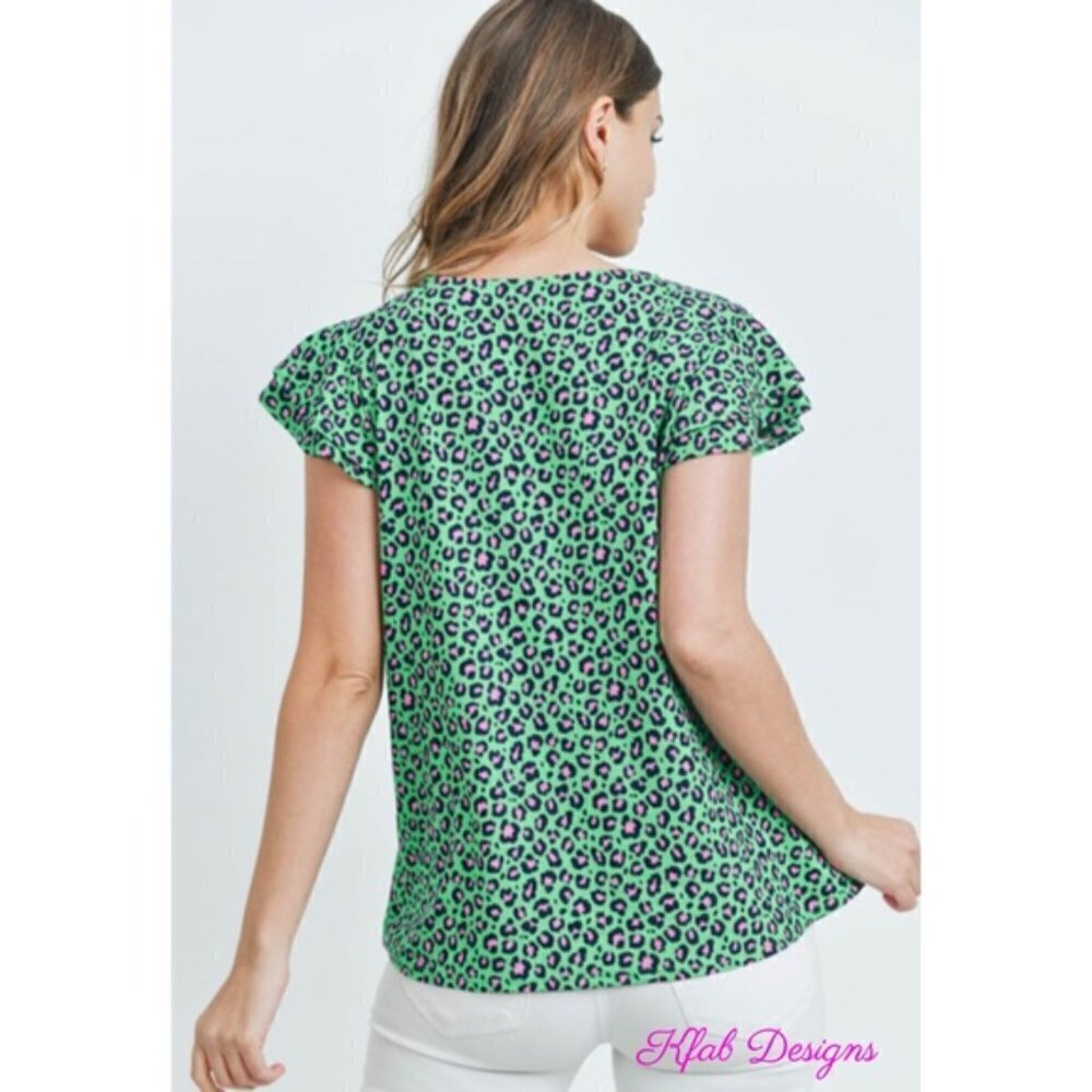 Leopard Print Ruffle Sleeve Knit Top - Picture 2 of 4